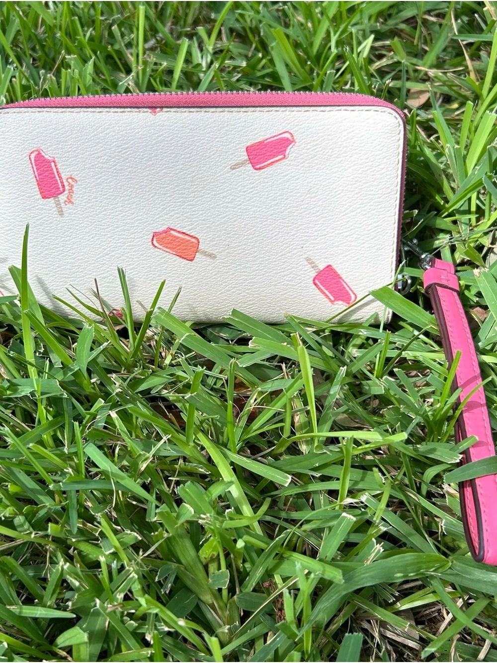 Coach White Long Zippy Accordion Wallet/ Wristlet with Pink Popsicle Print
